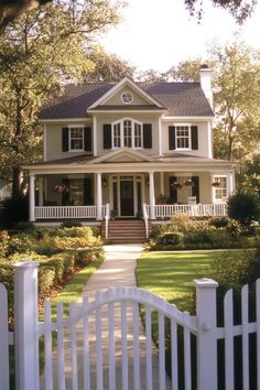 a large white house with black shutters on the front door and porch, surrounded by lush greenery