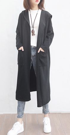 top quality black woolen outwear Linen Coat, Loose Coats, Wool Overcoat, Long Coats, Big Pockets, Maxi Coat, Plus Size Coats, Big Clothes, Cotton Coat