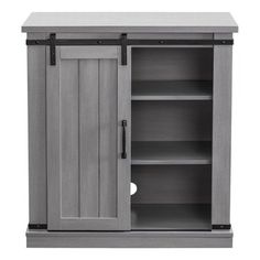 a gray cabinet with two doors and shelves on the front, one door open to reveal a