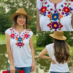 This Beautiful Floral Hand Embroidered Blouse is the perfect Top for Everyday use or a special event. This blouse is hand embroidered by Mexican Artisans and is completely one of a kind! This blouse comes in one size which fits sizes Small and Medium. More Colors Available here: https://www.etsy.com/es/listing/834786779/blusa-floral-bordado-a-mano-blusa-floral?ref=listing_published_alert Casual Tops With Intricate Embroidery For Festivals, Bohemian Short Sleeve Top With Multicolor Embroidery, Bohemian Cotton Embroidered Top, Multicolor Summer Blouse For Fiesta, Colorful Cotton Bohemian Tops, Bohemian Tops With Embroidered Border For Spring, Bohemian Spring Tops With Embroidered Border, Multicolor Embroidered Top For Summer Fiesta, Summer Multicolor Embroidered Top For Fiesta