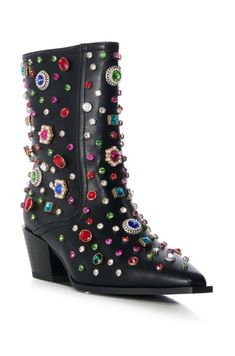 AZALEA WANG SPRINKLES EMBELLISHED BOOTIE IN BLACK Winter Embellished Round Toe Boots, Winter Embellished Boots With Round Toe, Fall Ankle Boots With Rhinestone Rivets, Embellished Ankle Boots For Winter, Glamorous Leather Boots With Rhinestones, Winter Embellished Ankle Boots, Leather Heeled Boots With Rhinestones And Round Toe, Embellished Round Toe Boots For Fall, Bling Leather Boots With Round Toe