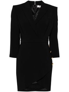 black crepe texture decorative button detailing concealed rear zip fastening peak lapels embroidered logo at the chest tailored wrap design three-quarter length sleeves buttoned cuffs logo-jacquard lining asymmetric hem thigh-length Luxury Structured Blazer Dress With Hidden Buttons, Elegant Formal Blazer Dress With Covered Buttons, Elegant Night Out Dress With Double Button Closure, Elegant Office Mini Dress With Double Button Closure, Elegant Mini Dress For Workwear With Double Button Closure, Elegant Mini Dress With Double Button For Work, Chic Evening Blazer With Covered Buttons, Elegant Mini Dress For Work With Double Button Closure, Luxury Long Sleeve Mini Dress For Work