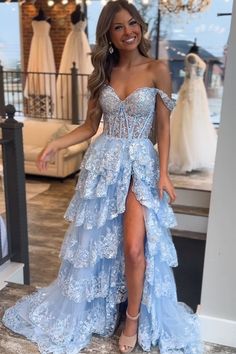 Prom Dresses Elegant Princesses, Lite Blue Dress, Lace Blue Prom Dress, Prom Dresses For Big Shoulders, Really Pretty Prom Dresses, Cloud Nine Prom Dresses, Extraordinary Prom Dresses, Cloud 9 Prom Theme Dress, Prom Entrance Ideas Car