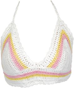 A crochet bohemian sleeveless bralette top in white base and yellow and pink pixie shades A great one to pair with bohemian style bottoms that reflect free and happy vibes. This sleeveless top has a scooped v neckline, a tie on the top for the neck and another tie for the back. #tlb #Sleeveless #CrochetClothing #beachwrap #WhiteBraTop White Crochet Halter Top For Beach, White Crochet Halter Top For The Beach, Crochet Lace Crop Top For Beach And Spring, Spring Crochet Lace Crop Top For Beach, White Halter Neck Crochet Top For Beach Season, White Sleeveless Crop Top For Beach Season, Pink Triangle Crochet Top For Summer, Spring Halter Top With Crochet Trim, Fitted Crochet Top For Spring With Beachy Style