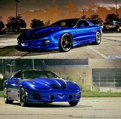 two pictures of the same blue sports car