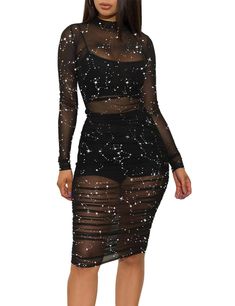 PRICES MAY VARY. �【Features】: Three piece outfit dress for women, Turtleneck, Long sleeve midi dress, Mini/Knee Length, See through mesh dress, Solid color, Package hip, Fitted bodycon dress. Mesh cover up dress with spaghetti strap vest and shorts matching set 3 Piece 【Multi purpose】: Chic Bodycon Dress, trendy design. Through different collocations, you can wear this sheer dress with a lot of different ways, you can wear it as pool cover up, daily dress etc. It will show your beauty curve, your Dresses Trendy Party Club, Pool Club Outfit, Mesh Dress Short, Usher Concert, Shiny Necklace, Women Turtleneck, Dress Trendy, Set Outfits, Club Night