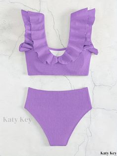 Katykey - Premium Plain Texture Fabric Bikini Set with Ruffled High Waist Bottoms - Stretchy Swimwear and Clothing for Women Texture Fabric, High Waist Bottoms, Cleaning Materials, Clothing For Women, Types Of Printing, Collar Styles, High Waist, High Waisted, Texture