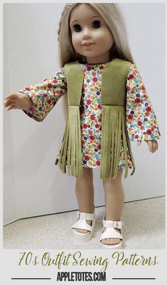 an american girl doll wearing a green dress and white shoes with the words, 10 outfit sewing patterns