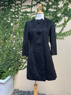 "For sale is a Vintage Tung Sum & co black alpaca long sleeve peacoat with super soft embroidered quilted silk lining and from button down closure. Two pockets on side. Absolutely beautiful piece in perfect condition! Made in Hong Kong, no size tag, see measurements below.  Measurements (flat) Shoulder to shoulder: 14\" approx Overall length: 37\" Armpit to armpit: 18\" Sleeve length: 20\"" Elegant Black Pea Coat For Spring, Black Alpaca, Alpaca Coat, Womens Jackets, Shoulder To Shoulder, Alpaca, Size Tag, Hong Kong, Overalls