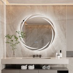 a bathroom with a round mirror above the sink