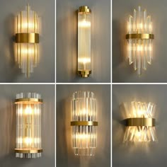 four different views of a wall light that is made out of glass and gold plating