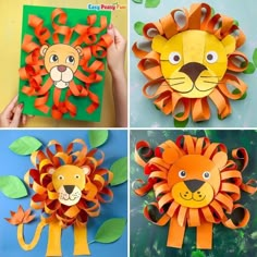 four different pictures of paper crafts with animals and leaves on them, including a lion