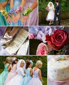 many different pictures of people in wedding dresses and bouquets with flowers on their hands