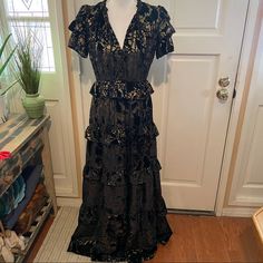 Gorgeous Dress! The Pictures Don’t Do It Justice. Puff/Ruffle Sleeve With Tiered Skirt New With Tags! It’s From A Sample Sale, So The Tag Is Handwritten, Not Like A Regular Tag. Also No Size In The Dress, But All Their Sample Sizes Are A Size 4. Please See Measurements In Photos! Waist Is Elastic So It Has Some Stretch. Could Probably Fit A Size 6 As Well Short Sleeve Maxi Dress With Ruffles For Night Out, Black Tiered Maxi Dress For Formal Occasions, Black Tiered Maxi Dress For Night Out, Tiered Gown, Black Lace Maxi Dress, Linen Sundress, Empire Waist Maxi Dress, Burnt Orange Dress, Striped Dress Summer