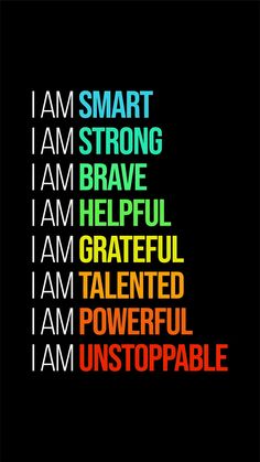 the words i am smart are written in different colors and font on a black background