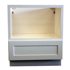 an empty white display case sitting on top of a table