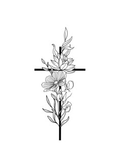 a cross with flowers on it and a black line drawing of the cross in the background