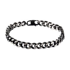 "Give your look a stylish finishing touch whenever you wear this men's black stainless steel chain bracelet. Give your look a stylish finishing touch whenever you wear this men's black stainless steel chain bracelet. Chain type: curb Chain width: 3 mm Length: 8 in. Clasp: lobster claw Metal: stainless steel Plating: ion plated Finish: polished Packaging: boxed Please note, due to the high value of this item, a signature may be required upon delivery. Size: 8.5"". Gender: male. Age Group: adult." Durable Black Stainless Steel Jewelry, Black Chain Link Jewelry With Solid Construction, Black Link Chain Bracelet As Gift, Black Link Chain Bracelet For Gift, Black Metal Bracelet With Curb Chain, Black Curb Chain Bracelet As Gift, Black Metal Curb Chain Bracelet, Black Chain Link Bracelet With Box Chain, Black Chain Link Bracelet Gift