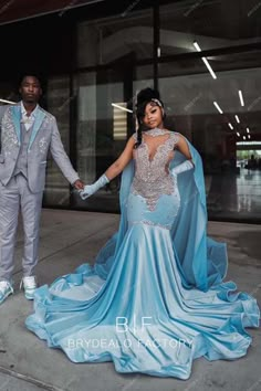 Light Blue Prom Dresses Black Women, Teal Prom Couple, Disney Prom Dresses Princesses, Prom Color Ideas, Prom Dresses With Cape, Prom Dress With Cape, Short Front Long Back Dress, Flare Long Skirt, Cinderella Prom Dress