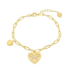 This lovely 14k gold over sterling silver heart bracelet is a must-add to your fine jewelry collection.This lovely 14k gold over sterling silver heart bracelet is a must-add to your fine jewelry collection.Click on this JEWELRY & WATCHES GUIDE to learn about fit, styles, materials and more! Length: 7.5 in. Metal: sterling silver Plating: 14k gold Finish: polished Additional details: cubic zirconia accents Packaging: boxed Gemstones may have been treated to enhance their appearance. Special care Yellow Gold Sterling Silver Heart Bracelet For Anniversary, Tarnish Resistant Heart Bracelet For Anniversary, Tarnish-resistant Heart Bracelet For Anniversary, Fine Jewelry Heart Bracelet With Charm For Anniversary, Fine Jewelry Heart Charm Bracelet For Anniversary, Elegant Gold Charm Bracelet For Valentine's Day, Silver Heart-shaped Gold-plated Bracelet, Silver Heart Shaped Gold Plated Bracelet, Elegant Gold Charm Bracelet With Heart Pendant