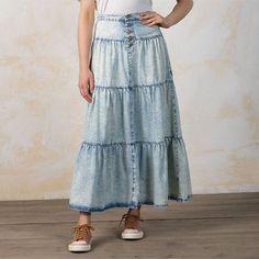 Button Up Fly Elastic Waistband Tiered Body Two Side Pockets 80% Cotton, 20% Polyester Spring Button-up Medium Wash Skirt, Summer Button-up Light Wash Denim Skirt, Light Wash Button-up Denim Skirt For Summer, Summer Light Wash Button-up Denim Skirt, Casual Medium Wash Tiered Denim Skirt, Spring Washed Blue Bottoms With Button Closure, Casual Dark Wash Tiered Skirt, Summer Washed Blue Bottoms With Button Closure, Medium Wash Button-up Cotton Skirt