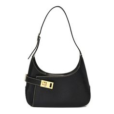 This is an authentic SALVATORE FERRAGAMO Pigskin Gancini Hobo in Black. This chic hobo is crafted of grained black leather. The bag features a looping leather shoulder strap and a gold lock embellishment. The bag opens to a black leather interior with card slots. Pig Skin, Card Slots, Slots, Shoulder Strap, Black Leather, Leather