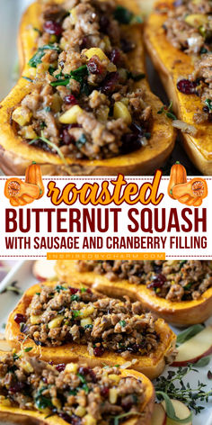 Roasted butternut squash meets a delicious cranberry sausage filling for the ultimate fall dish. Perfect for weeknight dinners or special holiday meals, this recipe brings together the comforting flavors of the season in every bite. Protein Packed Breakfast Acorn Squash, Whole30 Acorn Squash, Sausage And Apple Stuffed Acorn Squash, Acorn Squash Dinner Recipes, Whole 30 Pregnancy, Paleo Stuffed Acorn Squash, Stuffed Acorn Squash Recipes, Acorn Squash With Sausage, Squash With Sausage