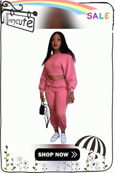 Pullover Crop Top Sweatshirt+jogger Pants Tracksuit Trendy Solid Color Joggers For Loungewear, Casual Two-piece Set For Spring, Pink Casual Joggers With Drawstring, Pink Drawstring Casual Joggers, Trendy Sweats With Ribbed Cuffs For Leisure, Pink Casual Sweatpants For Winter, Trendy Leisure Sweats With Ribbed Cuffs, Sporty Loungewear Sets With Ribbed Cuffs, Casual Loungewear Tops With Elastic Cuffs