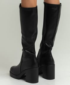 Boots Stacked Heel, Black Calf Boots Outfit, Nct Concert Outfit Ideas, Calf Boots Outfit, Black High Boots, Soda Shoes, Club Shoes, Concert Outfit Ideas, High Leather Boots