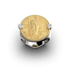 Ancient Roman Style Ring | Coin Jewelry | Italian Gold Ring Engraved Diamond Ring In 14k White Gold, Diamond Intaglio Fine Jewelry Rings, Diamond Intaglio Jewelry, Diamond Intaglio Rings, Fine Jewelry, Round Diamond Intaglio Jewelry, Luxury Sterling Silver Yellow Gold Rings, Luxury 14k White Gold Signet Ring, Luxury Silver Rings With Intaglio, Luxury Signet Ring With Diamond Accents