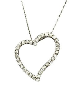 ITEM SPECIFICS: Beautiful heart pendant necklace. This necklace features an open heart pendant with .50 carats total of natural sparkling white diamonds. The diamonds are round brilliant cut, E-F color, and SI1-SI2 clarity. They are set in polished 18 karat white gold. The heart is approximately 7/8" at its longest and widest point. The heart is approximately 3.08 mm high and 2.20mm thick. The back of the pendant is a solid polished finish to lay flat against the chest. The heart pendant comes w Brilliant Cut Diamond White Heart Pendant Necklace, Fine Jewelry Heart-shaped Diamond White Necklace, White Heart-shaped Diamond Necklace As Gift, Diamond White Heart-shaped Necklace With Brilliant Cut, White Diamond Necklace With Single-cut Heart Pendant, Open Heart, Heart Pendant Diamond, Beautiful Heart, Round Brilliant