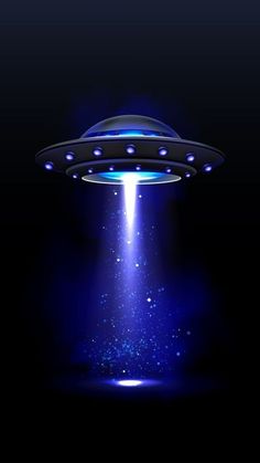 an alien spaceship flying through the air with blue light coming from it's center