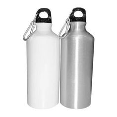 two silver and white water bottles on a white background