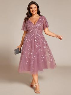 Plus Size Sparkly A-Line Midi Tulle Formal Wedding Guest Dress with Leaf Sequin #color_Purple Orchid Plus Size Wedding Dresses Guest, Wedding Guest Outfit Plus Size, October Wedding Guest Outfits, Purple Plus Size Dresses, Plus Size Special Occasion Dresses, Sophisticated Cocktail Dress, Net Dresses, Cocktail Dress Patterns, Plus Size Wedding Guest Dresses