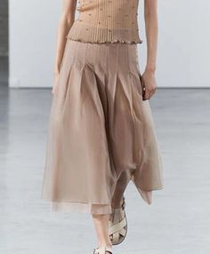 Olivia Mark - Elegant Fashionable Blush Pink Organza Midi Skirt Chic Long Sheer Skirt, Chic Sheer Midi Skirt, Sheer Midi Skirt For Summer, Non-stretch Beige Midi Skirt, Elegant Sheer Skirt, Elegant Sheer Skirt For Spring, High Waist Spring Tulle Skirt, Chic Sheer Flared Skirt, Chic High-waist Beige Maxi Skirt