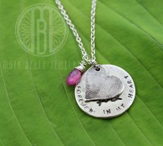 Fingerprint and actual handwriting memorial keepsake necklace with choice of birthstone - Maya Belle Jewelry Circle Charm Necklace, Puffy Heart, Memorial Keepsakes, Circle Pendant, Birthstone Necklace, Name Necklace, Pure Silver, Fine Silver, Heart Shape