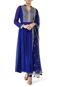 Royal Blue Anarkali with Gotta Patti Embroidery Blue Resham Embroidered Anarkali Set For Navratri, Blue Anarkali Set With Zari Work For Transitional Season, Blue Anarkali Set With Resham Embroidery For Navratri, Transitional Blue Anarkali Set With Zari Work, Blue Anarkali Set With Sheer Dupatta For Festive Occasions, Traditional Blue Straight Kurta With Sheer Dupatta, Elegant Georgette Churidar With Cutdana, Blue Anarkali Kurta With Dupatta, Designer Blue Anarkali Set With Dupatta