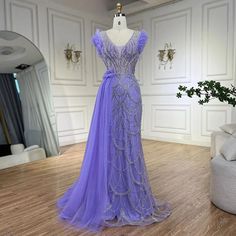 Arabic Dubai Lilac Mermaid with Overskirt Beaded Luxury Evening Dresses Gowns for Women Wedding Party 2024 Purple Wedding Gown With Detachable Train, Lavender Evening Dress For Gala And Prom Season, Lavender Evening Dress For Prom Banquet, Lavender Evening Dress For Banquet And Prom Season, Fitted Purple Dress With Detachable Train, Lavender Fitted Gown For Gala, Fitted Lavender Gown For Gala, Purple Mermaid Dress For Wedding, Elegant Purple Dress With Detachable Train