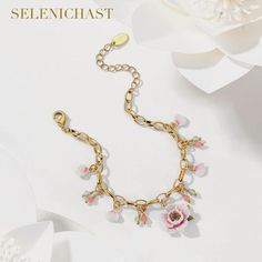 Plating: 18K Gold Materials: 18K Gold on Brass, Enamel Size: Length:6.69"(17cm)+Extender: 2.17"(5.5cm) Weight: 17.9g Hypoallergenic design Elegant Rose Jewelry For Spring, Delicate Rose Jewelry, Pink Adjustable Chain Charm Bracelet, Feminine Rose Gold Jewelry With Flower Decoration, Adjustable Feminine Crystal Bracelet, Rose Gold Flower Beaded Bracelets For Gift, Rose Gold Flower Beaded Bracelets As Gift, Elegant Pink Bracelets For Spring, Dainty Rose Gold Flower Bracelet