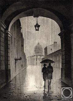 two people walking under an umbrella in the rain