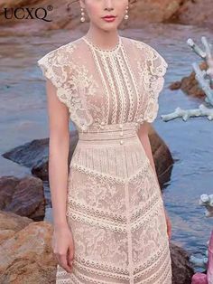 Buy Sweet Long Pleated Lace Embroidery Dress exclusively at GUOCALI Elegant Lace Dress For Summer Banquet, Elegant Summer Lace Dress For Banquet, Elegant Sleeveless Lace Dress For Banquet, Elegant Beige Lace Dress With Delicate Lace, Elegant Beige Lace Dress With Delicate Details, Elegant Beige Dress With Lace Top, Elegant Lace Dress With Short Sleeves, Elegant Beige Lace Dress With Lace Bodice, Elegant Short Sleeve Dress With Delicate Lace