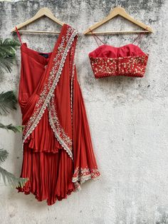 Rust Red georgette pre-stitched ruffle saree with hand embroidered pallu ans scallop detailing paired with zari worl bustier Multicolor Saree, National Institute Of Design, Black Anarkali, Silk Anarkali, Saree Georgette, Anarkali Lehenga, Add Sleeves, Ruffle Saree, Gota Work