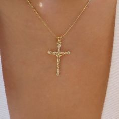 Material: gold plated stainless steel, crystals Length: 17.5" + 1.5" extension Pendant size: 0.75" x 1.25" IMPORTED Gold Cross Necklace Aesthetic, Cross Necklace Aesthetic, Gold Crucifix Necklace, Handwriting Necklace Custom, Catholic Necklace, Jewelry Cross, Handwriting Necklace, Crucifix Necklace, Cute Engagement Rings