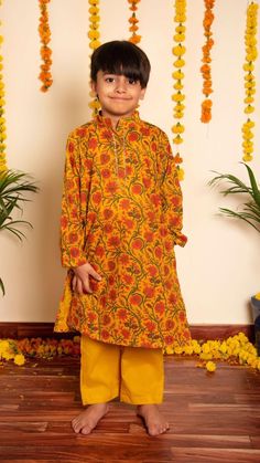 darpan-hand-block-kurta-pant-set-11420030YL, Kids Indian Ethnic Clothing, Cotton Boy Kurta Pajama Set Yellow Cotton Kurta With Dabka, Yellow Cotton Kurta With Dabka Detail, Yellow Cotton Kurta With Dabka Embroidery, Festive Yellow Cotton Kurta, Traditional Yellow Block Print Sets, Traditional Yellow Pants For Festive Occasions, Yellow Block Print Sets For Diwali, Yellow Cotton Kurta With Resham Embroidery, Festive Yellow Block Print Kurta