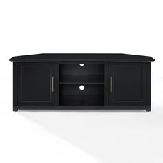 a black entertainment center with two doors and one drawer on the bottom, in front of a white background