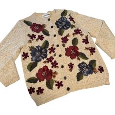 Vintage Embroidered Blue Red Floral Leaf Fall Look Long Sleeve Cardigan Sweater | eBay Fall Embroidered Long Sleeve Cardigan, Vintage Floral Embroidered Long Sleeve Cardigan, Embroidered Crew Neck Cardigan For Fall, Winter Floral Embroidery Long Sleeve Cardigan, Winter Floral Embroidered Crew Neck Cardigan, Winter Cardigan With Floral Embroidery And Crew Neck, Winter Floral Embroidery Crew Neck Cardigan, Winter Crew Neck Cardigan With Floral Embroidery, Casual Winter Cardigan With Floral Embroidery