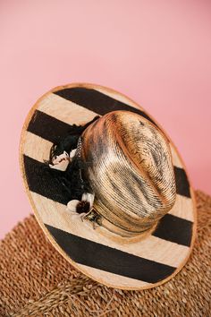 THE SANTORINI SUN HAT Sun hat Judith March Luxury Black Hat Bands For Beach, Black Toquilla Straw Hat For Kentucky Derby, Black Toquilla Straw Sun Hat For Kentucky Derby, Black Boater Hat For Kentucky Derby Vacation, Painted Stripes, Paint Stripes, Black Feathers, Travel Companion, Sun Hat