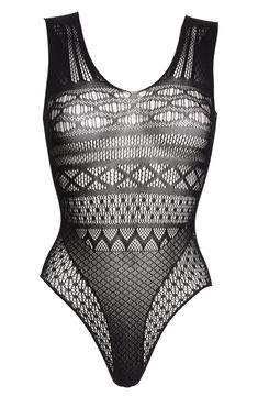 A mix of patterns enhances the sultry allure of this barely there lace bodysuit. V-neck Sleeveless 90% nylon, 10% spandex Hand wash, dry flat Imported Lingerie Knitted Design, Luxury Lingerie, Lace Bodysuit, Knitting Designs, Plus Size Fashion, Sewing Patterns, Nordstrom, Lingerie, Plus Size