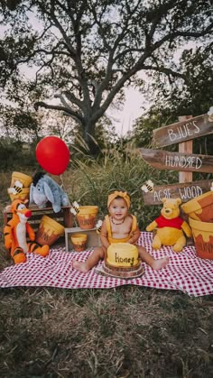 a baby sitting on a blanket with winnie the pooh cake in front of it