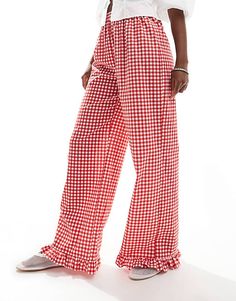 ASOS DESIGN gingham pants with frill hem in red | ASOS Granola Life, Trousers Women Wide Leg, Gingham Pants, Winter Plaid, Red Gingham, Comfy Sweaters, Pantalon Large, Straight Leg Trousers, Maxi Dress Trend